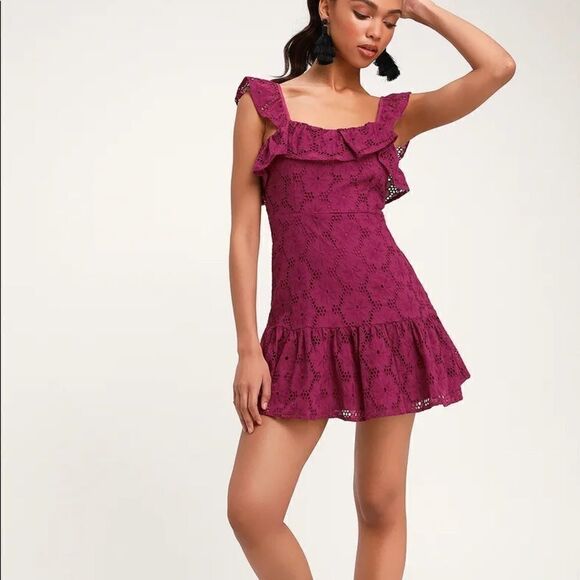 Lulu’s Biscay Magenta Ruffled Eyelet Lace Dress - Picture 1 of 8
